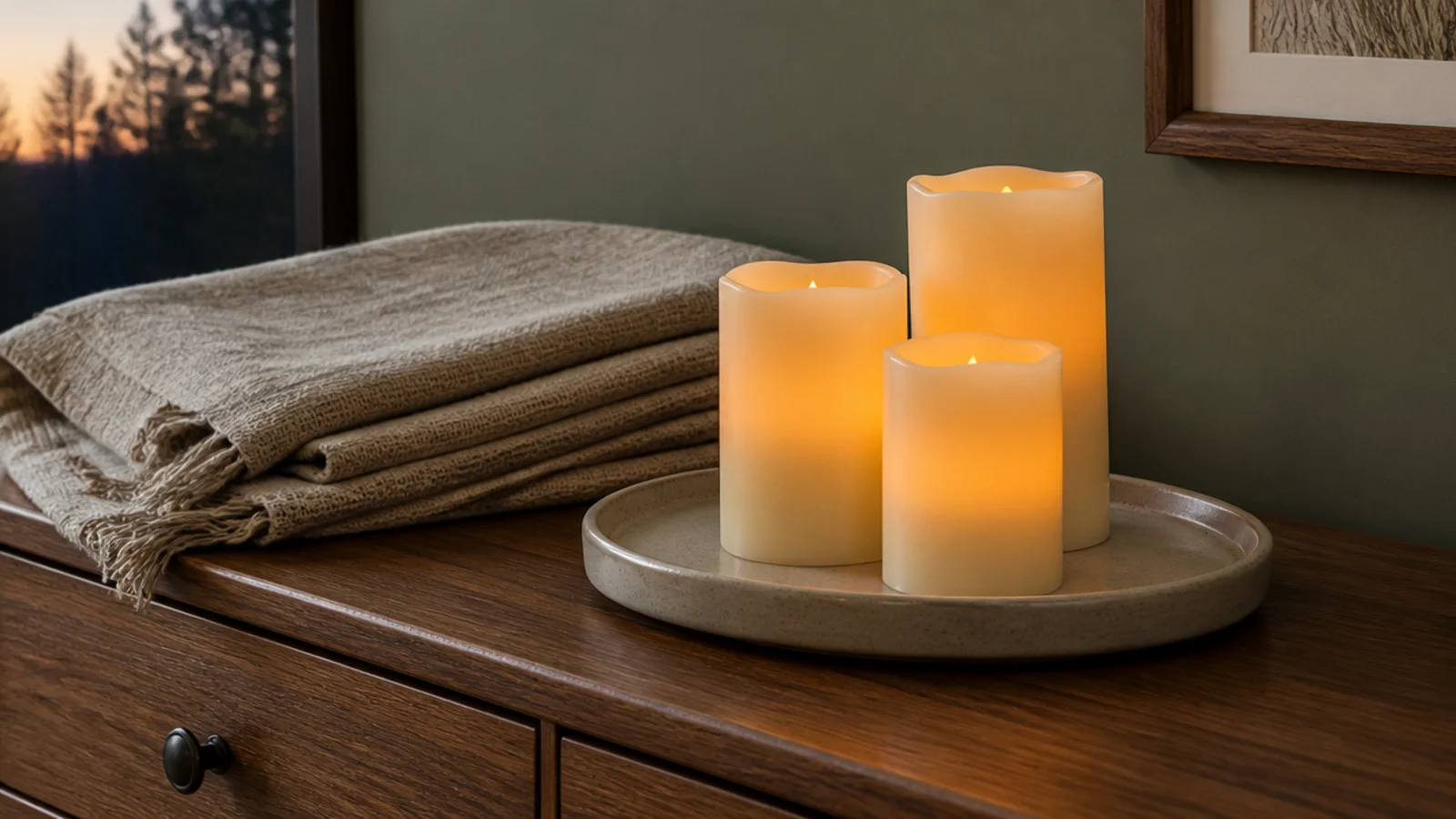 flameless wax pillar candles glowing warm on a bedroom dresser tray