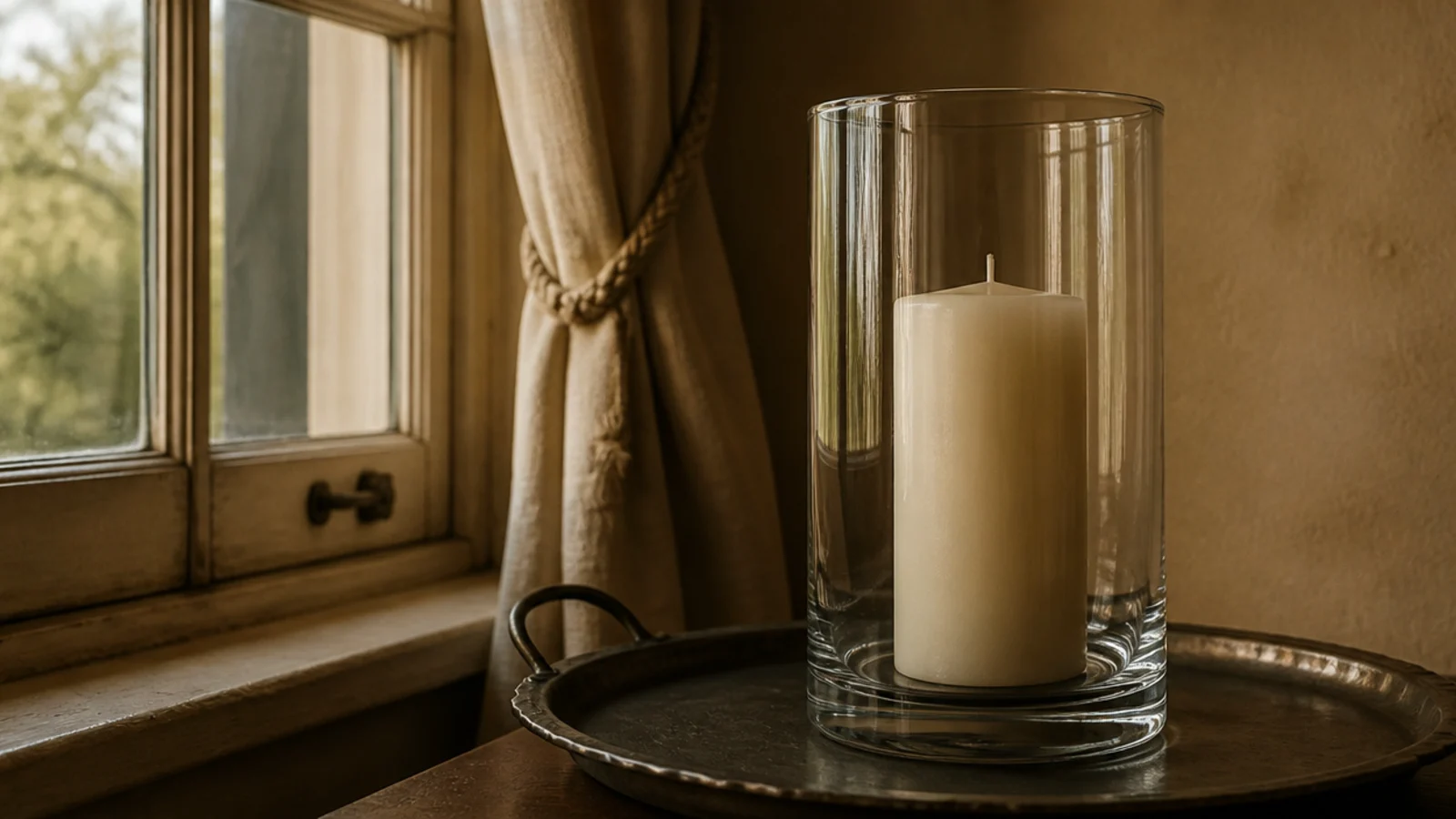 tall glass hurricane shade sheltering a pillar candle from a draft