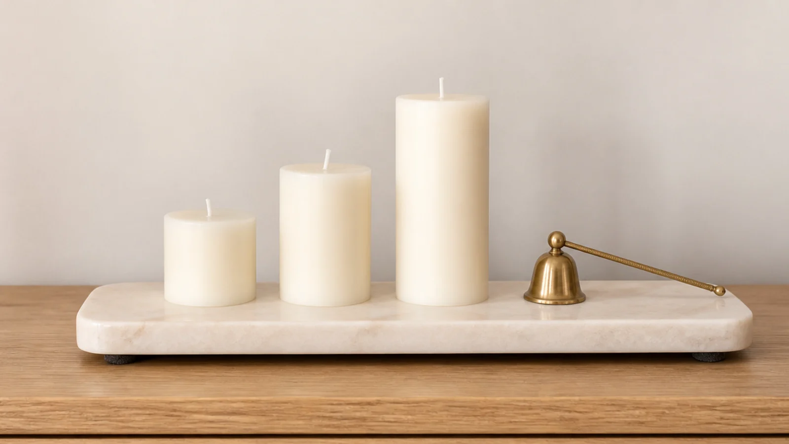 pale marble candle tray holding three neutral candles on an oak table