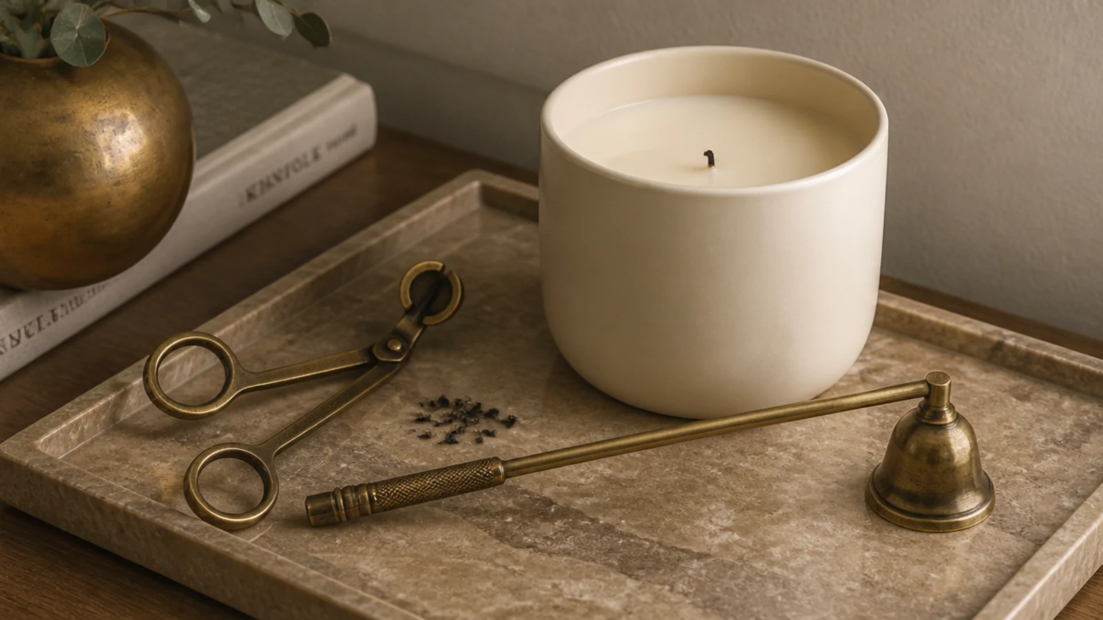 brass wick trimmer and snuffer resting beside a freshly trimmed candle