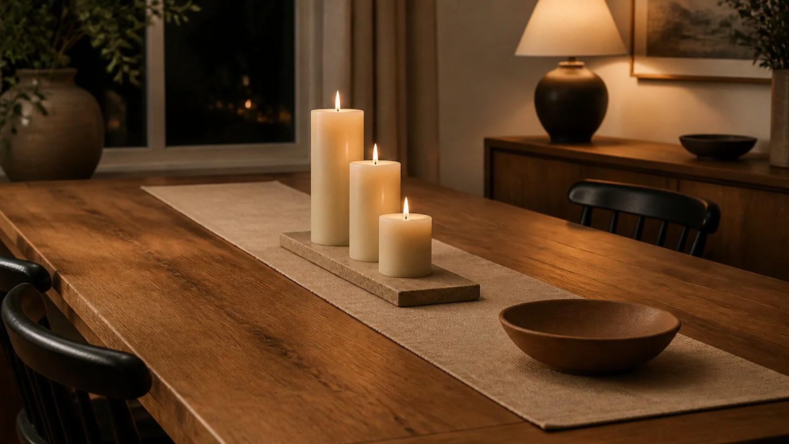 three candles at stepped heights arranged along a narrow linen runner