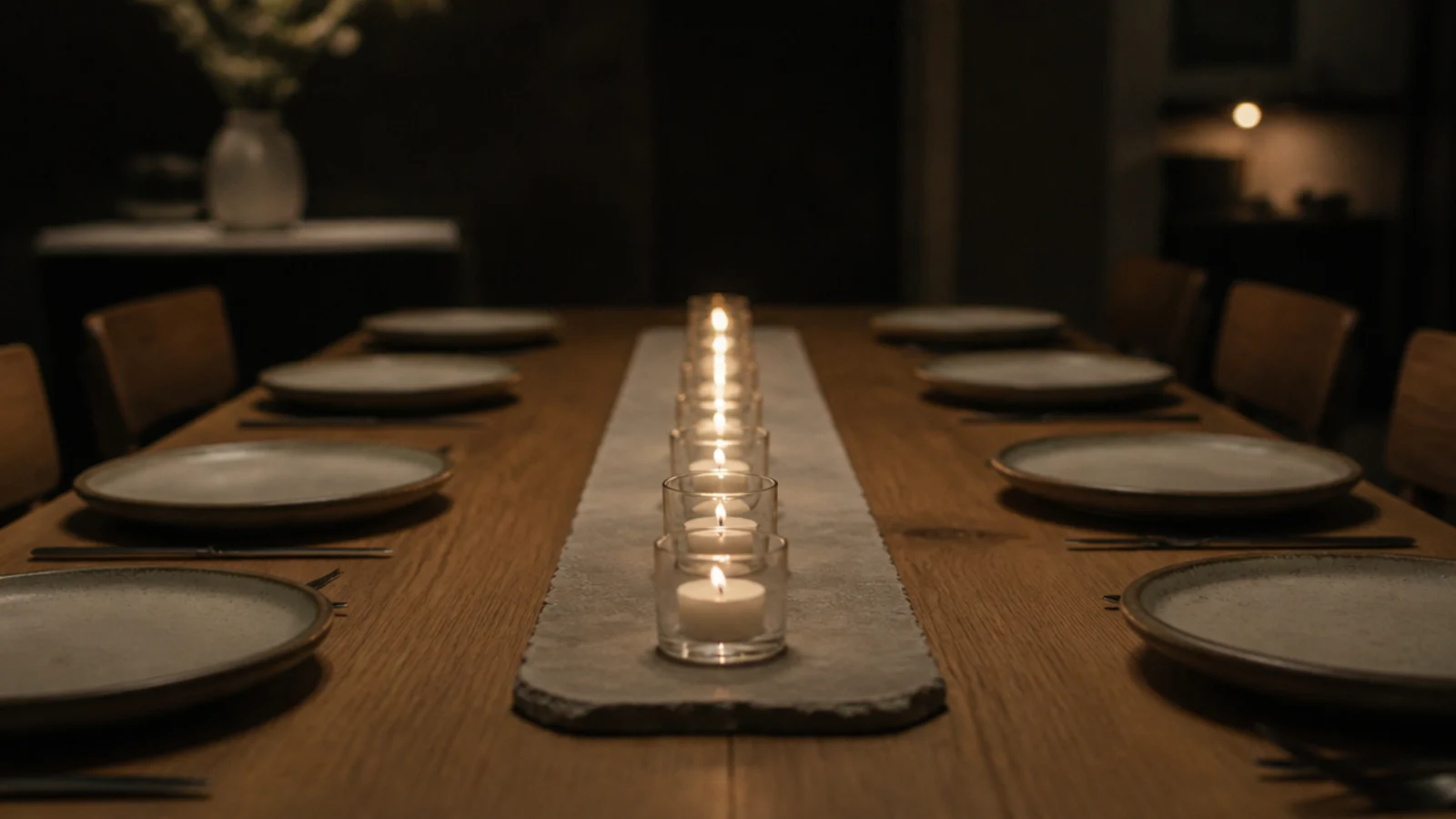 row of tealights in small glasses running down a dining table center