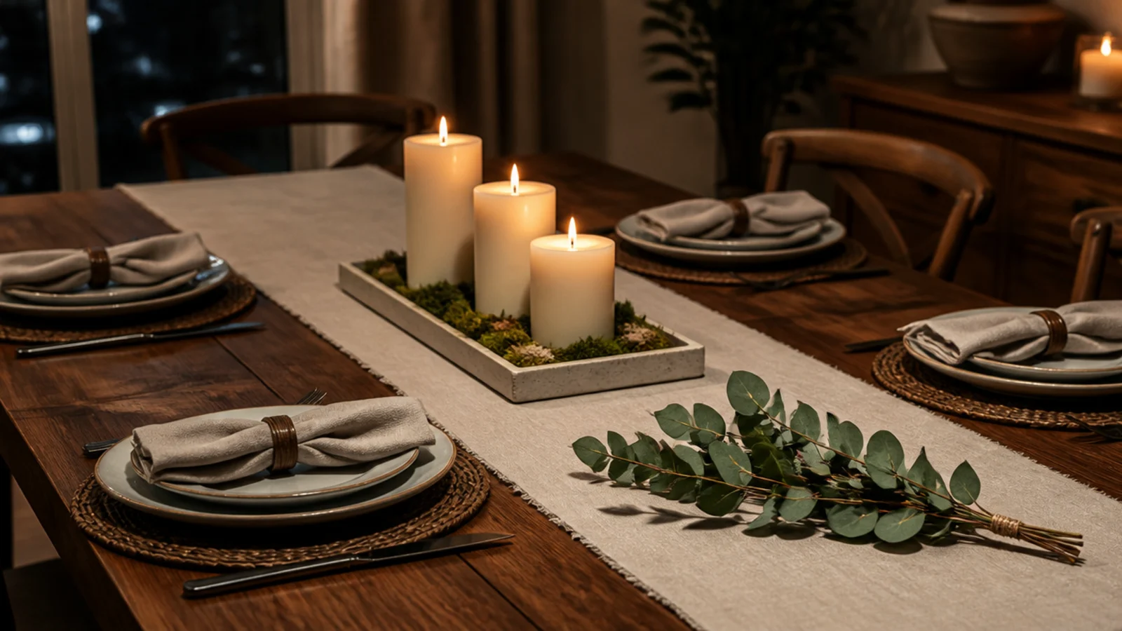 eucalyptus sprigs placed a foot away from lit centerpiece candles