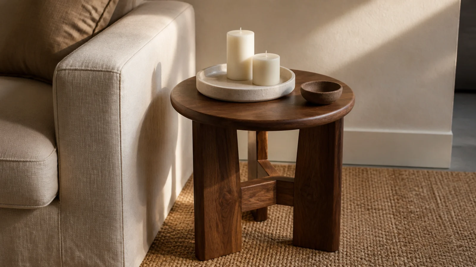 small side table beside a sofa restyled with a stone tray and two candles