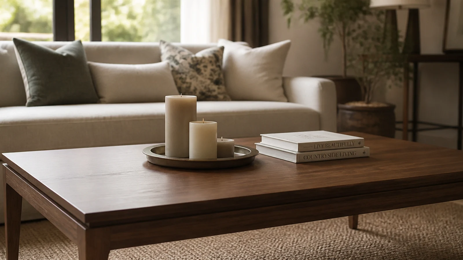 coffee table cleared down to three neutral candles on a single tray