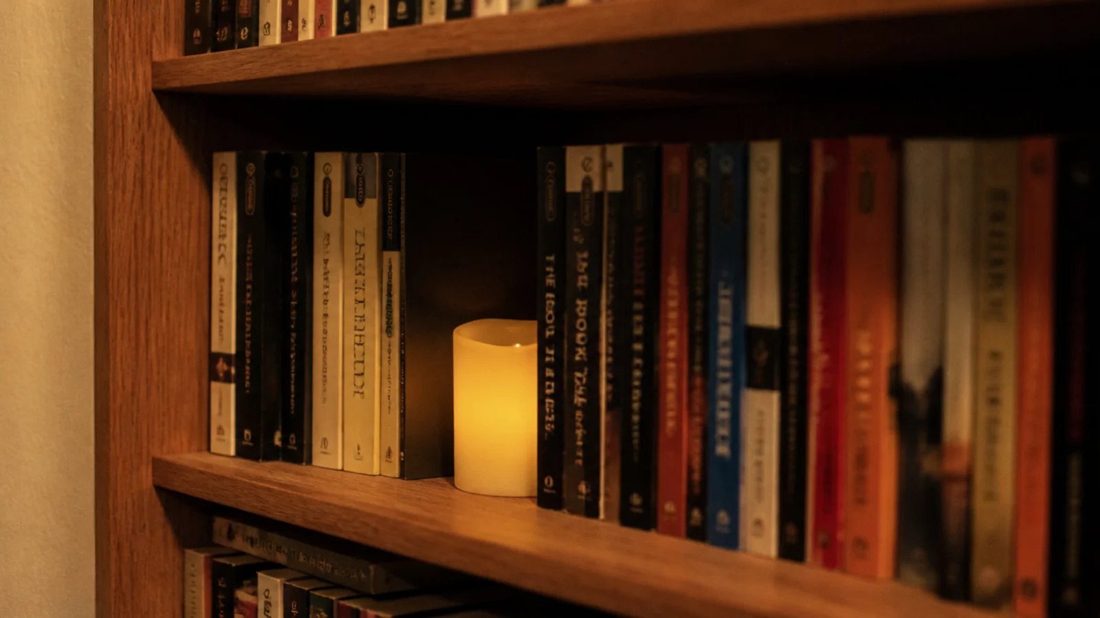 bookshelf with a flameless candle replacing a flame between book rows