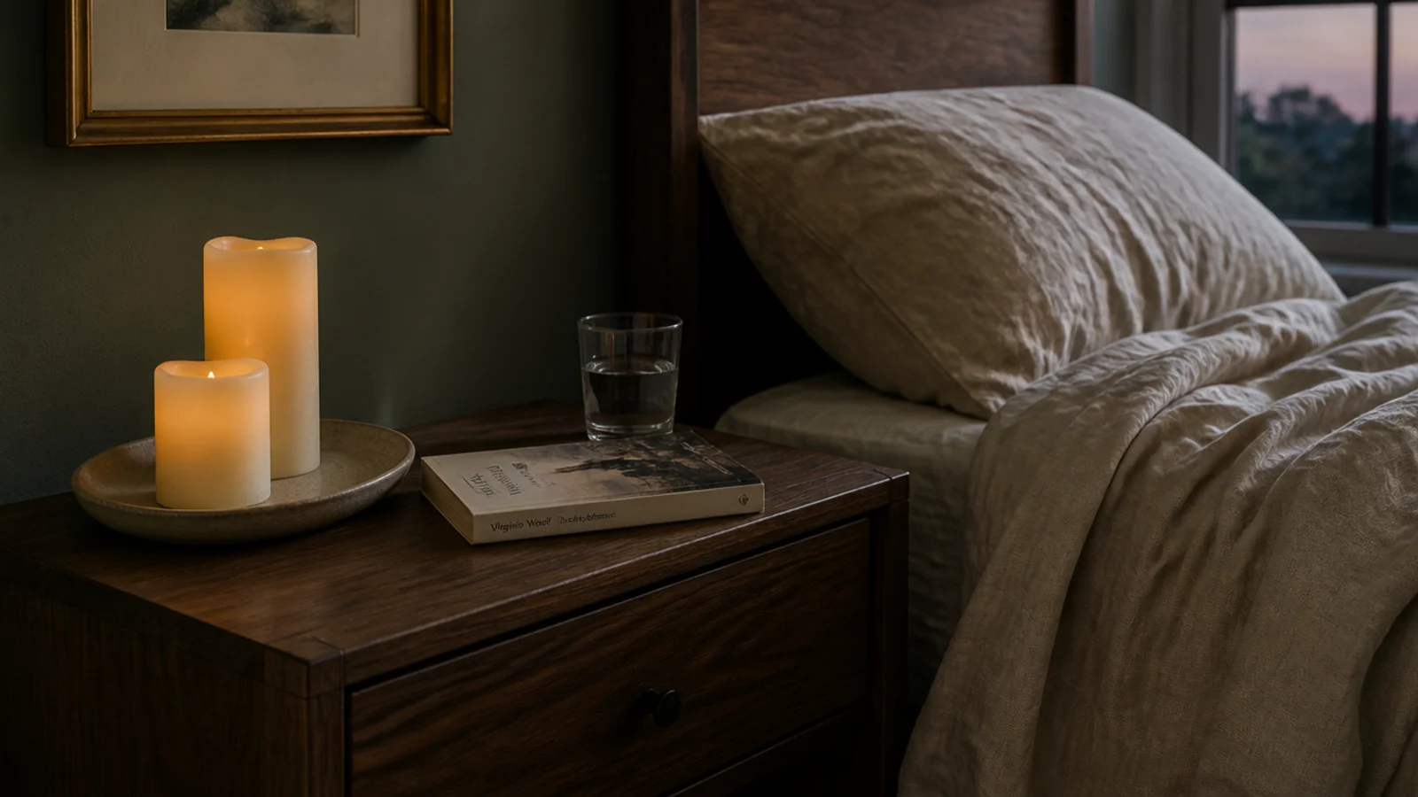 bedroom nightstand with flameless candles on a ceramic tray by linen
