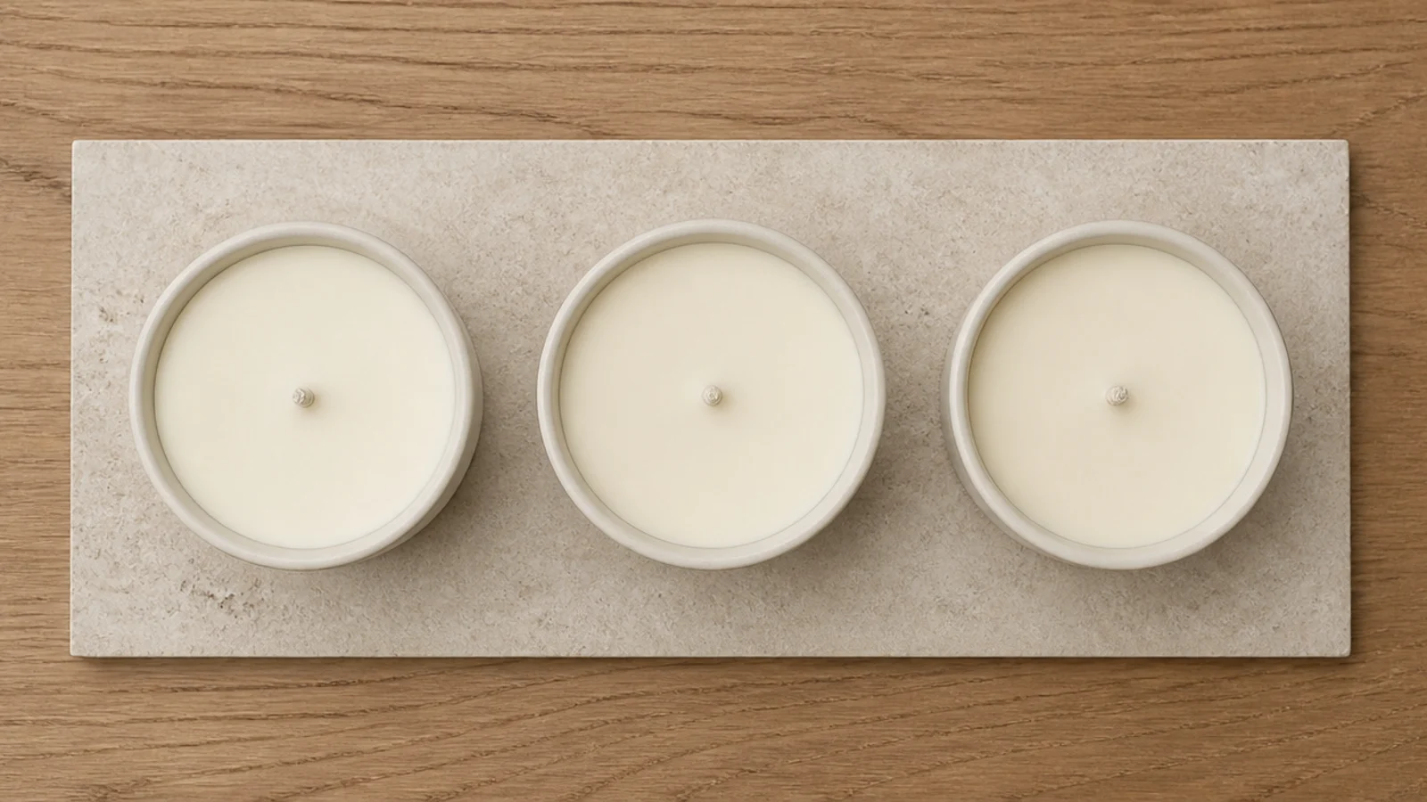 group of evenly burned candles with flat wax tops on a stone slab