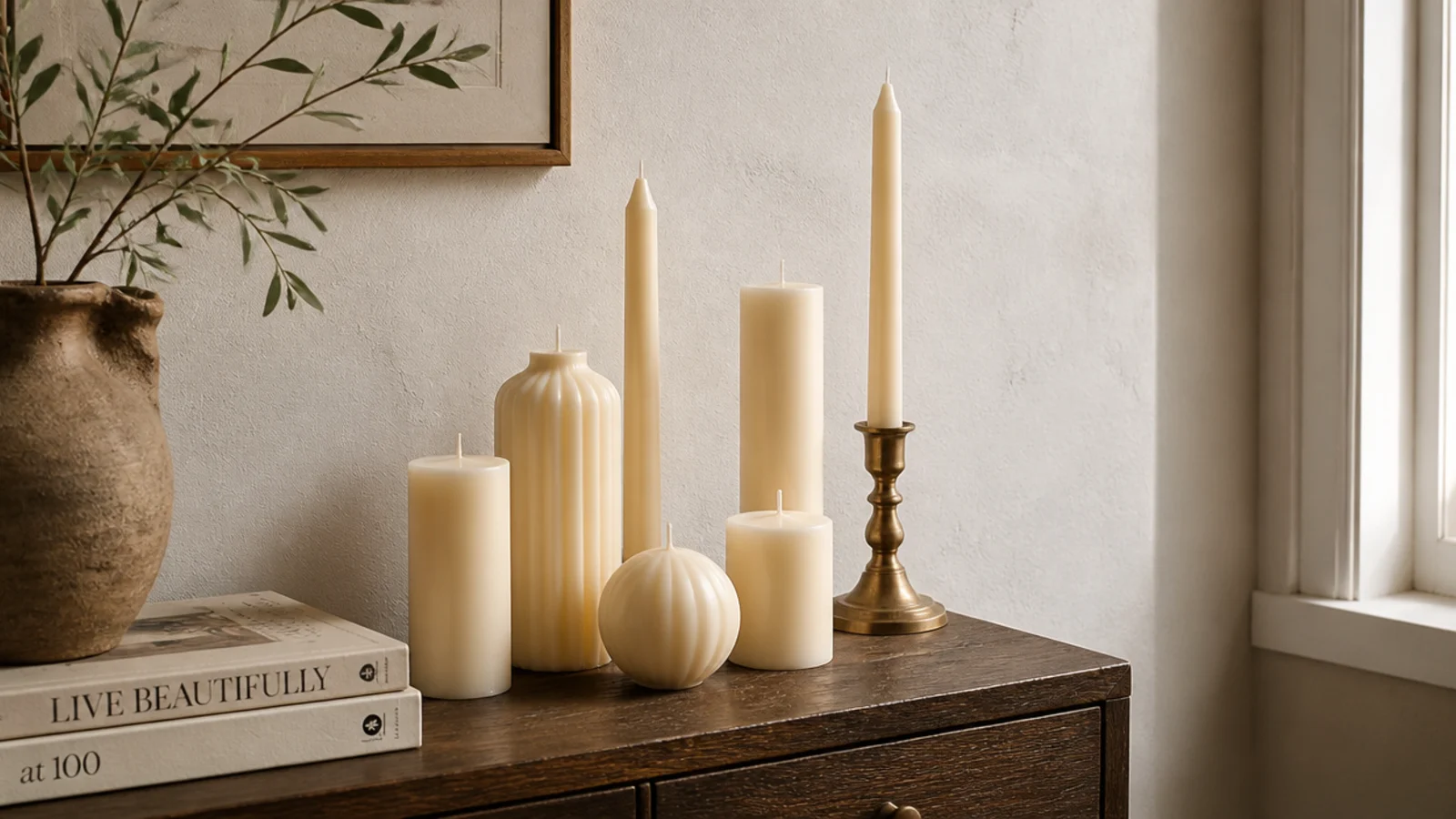 corner restyled with one repeated cream wax tone across all candles