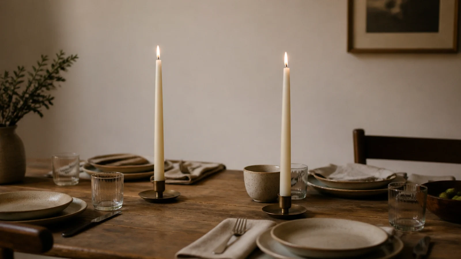 dining table set with unscented ivory tapers in low brass holders