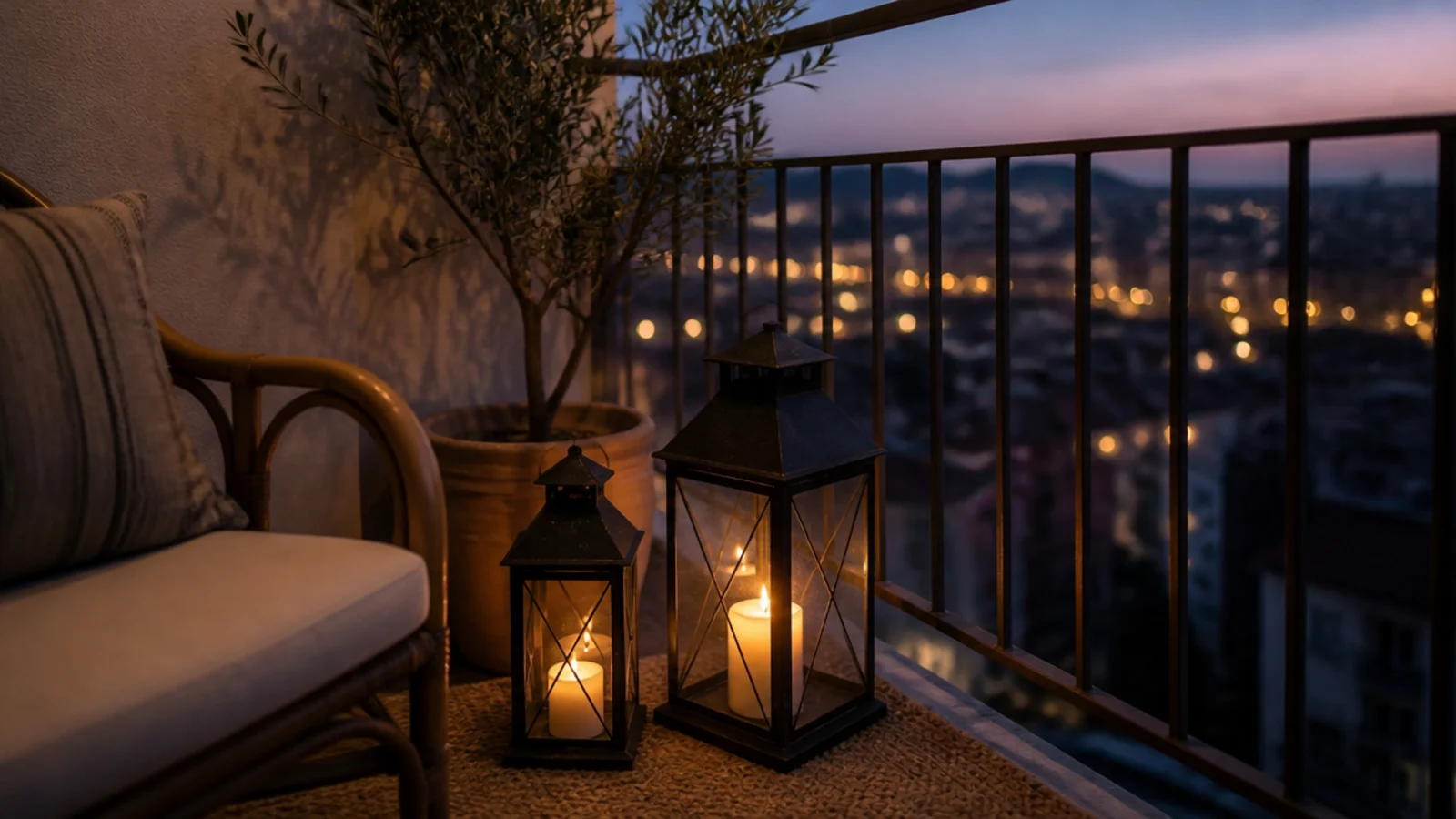 balcony corner with enclosed lanterns beside a rattan chair at dusk