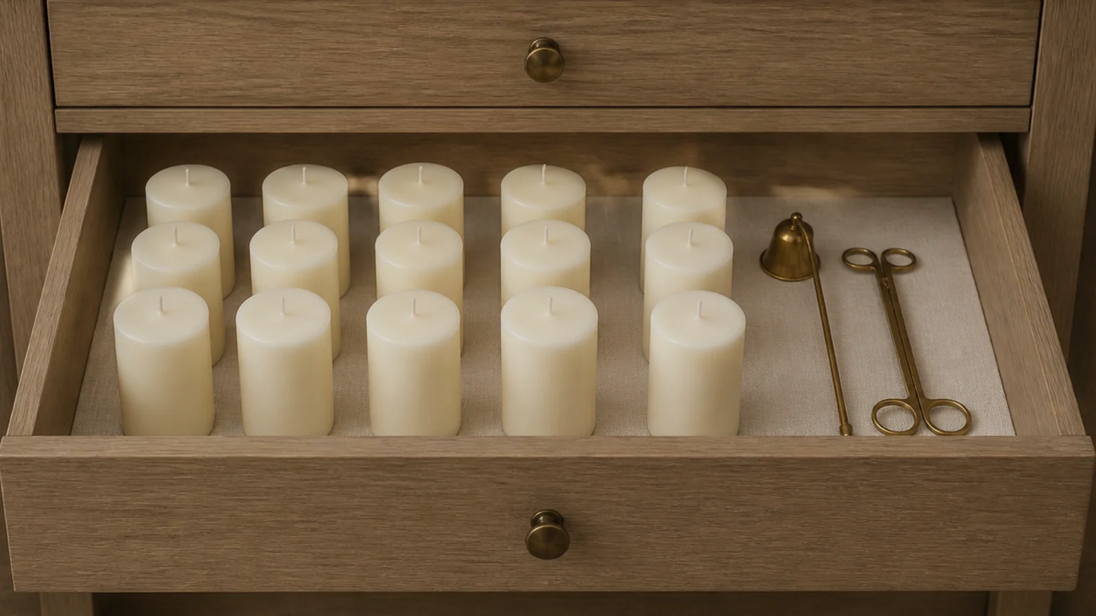 candles stored upright in a cool drawer with wick trimmer and snuffer