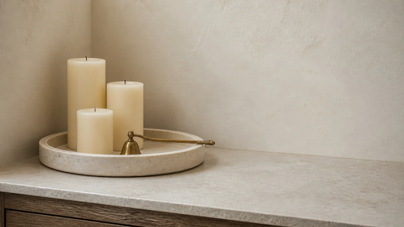 calm finished candle corner on a stone tray with generous clear space
