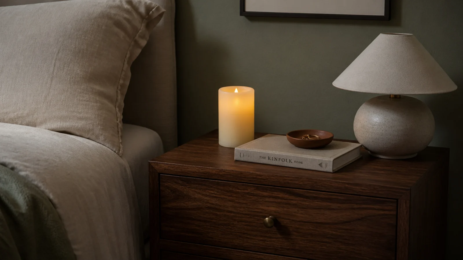 flameless wax candle glowing on a nightstand beside a book and lamp