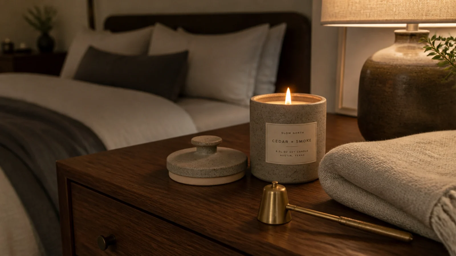 scented jar candle burning on a dresser during an evening wind down