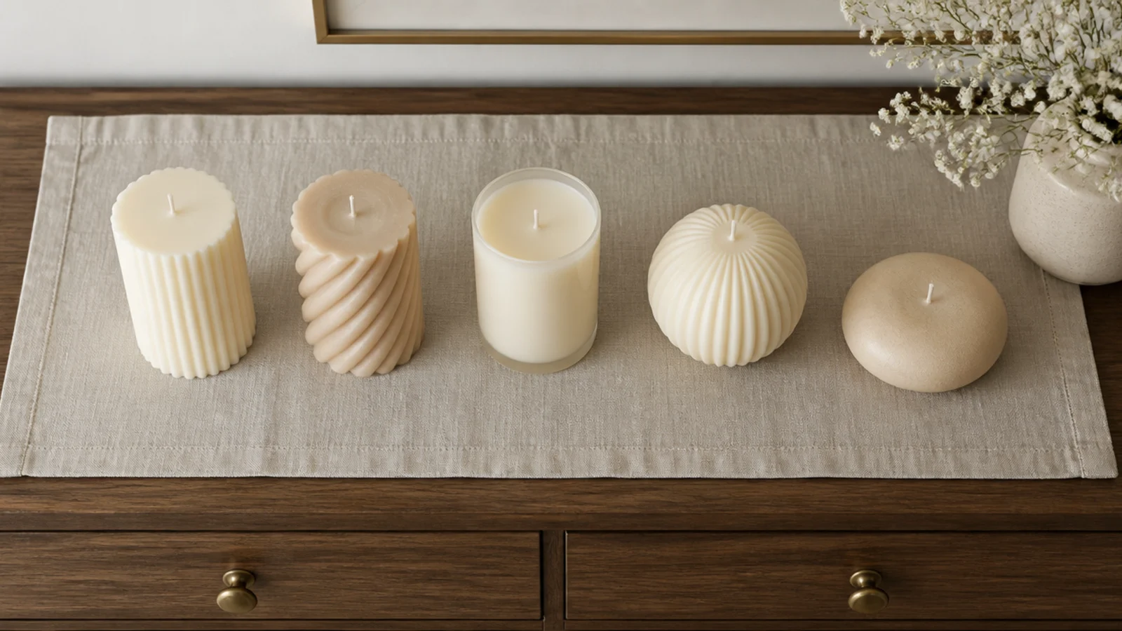 cream ivory and sand candles grouped in different shapes on a dresser