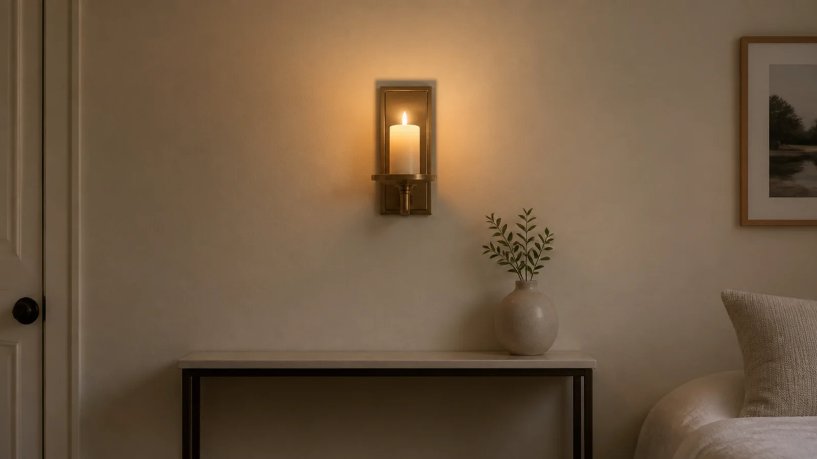 adhesive mounted sconce with a flameless candle on a rental bedroom wall