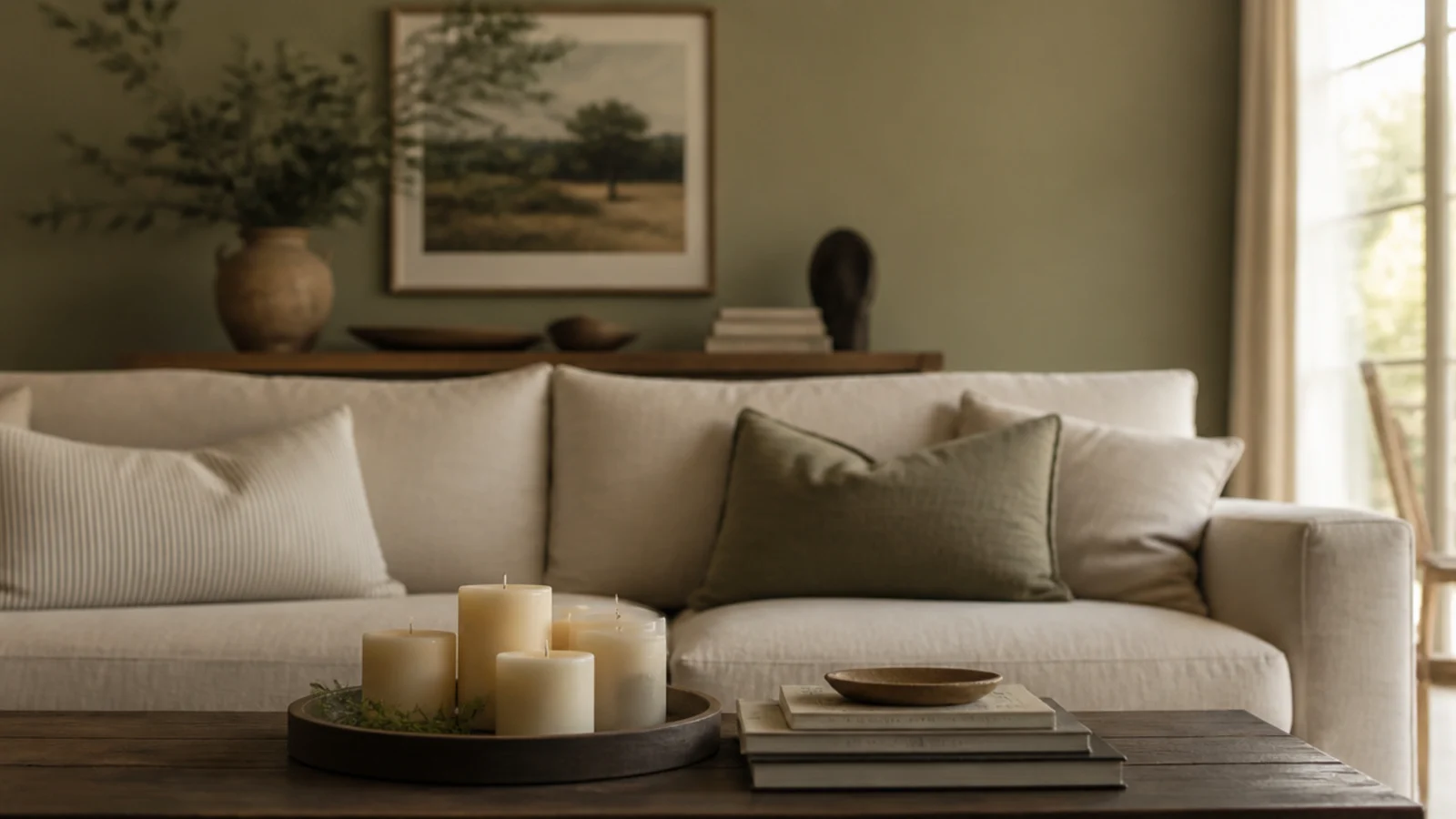 low candle grouping on a coffee table with a clear sightline across the room