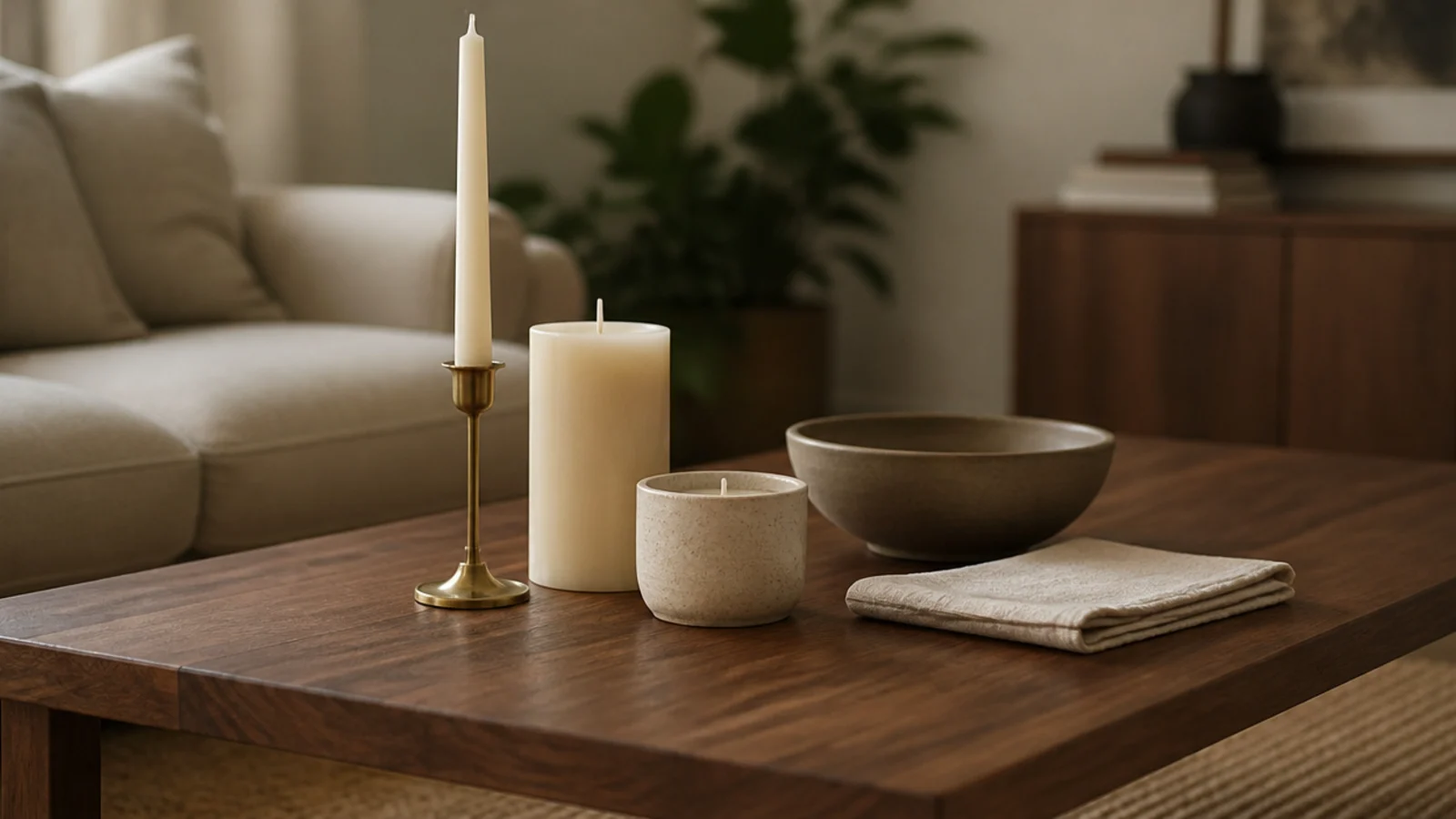 five candle objects grouped at three heights on a low living room table