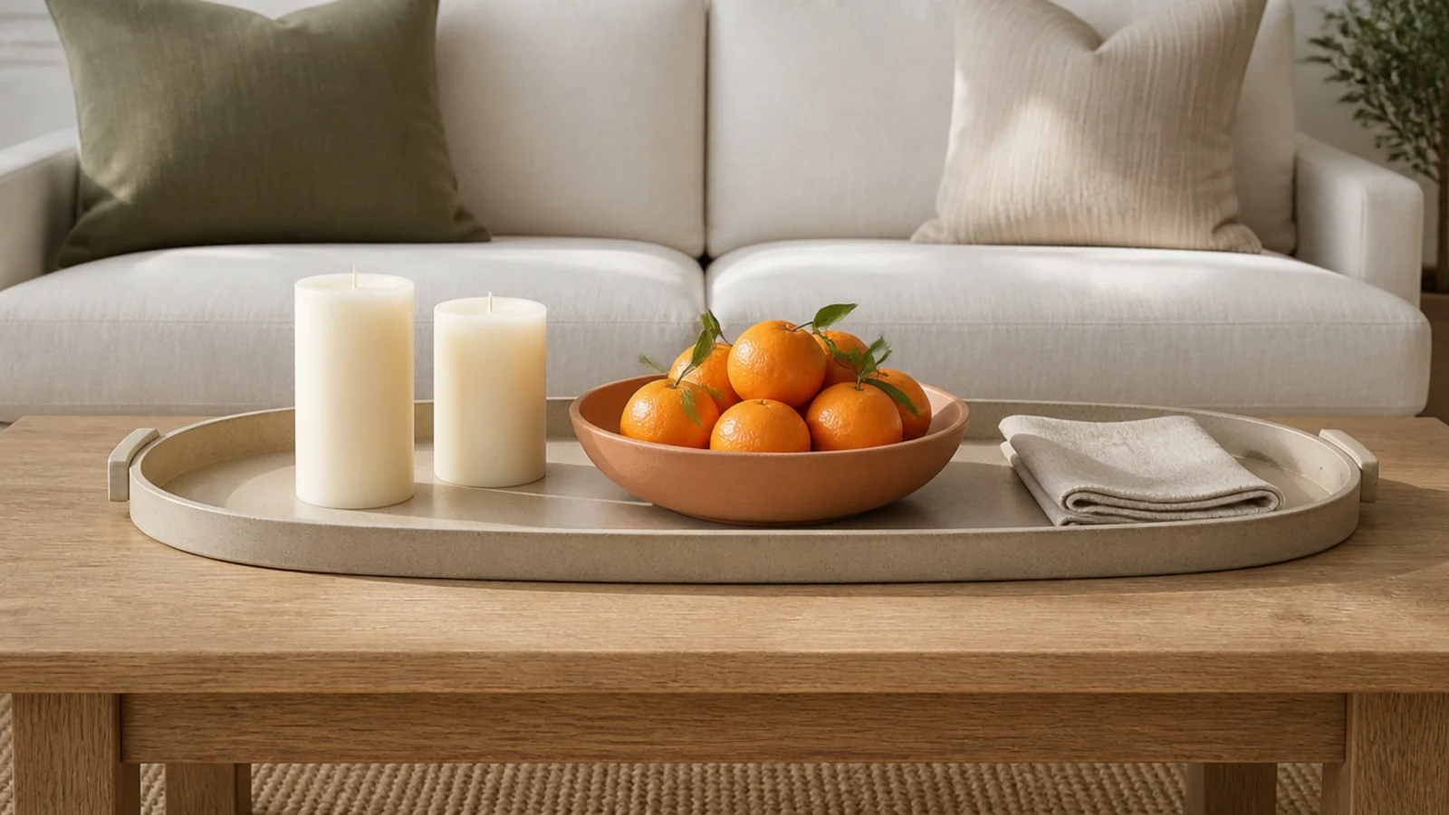unscented ivory candles beside a bowl of citrus on a coffee table tray