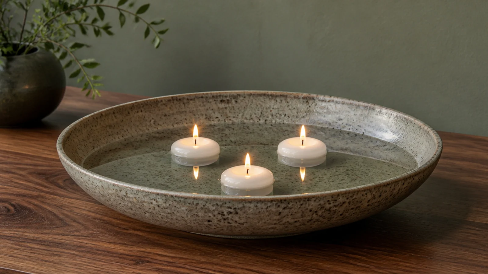 floating candles glowing in a wide shallow stoneware bowl of water