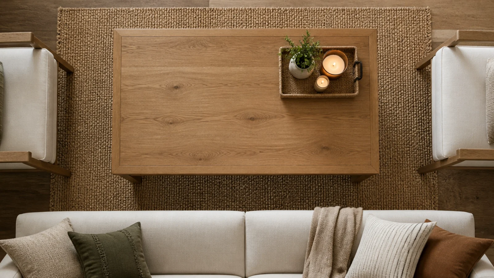 candle tray set on the far corner of a coffee table away from knees