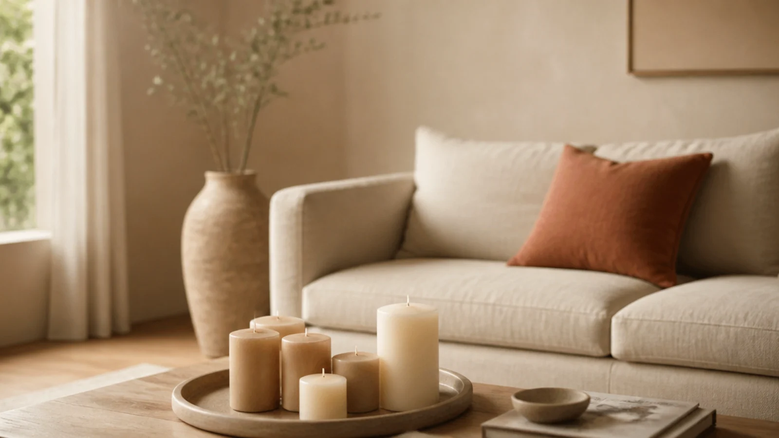 cream and sand candles matched to the neutral tones of a living room