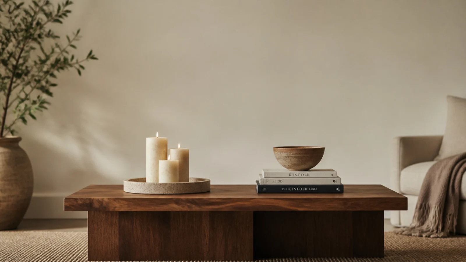 vertical coffee table candle decor scene with pillars books and a stone tray
