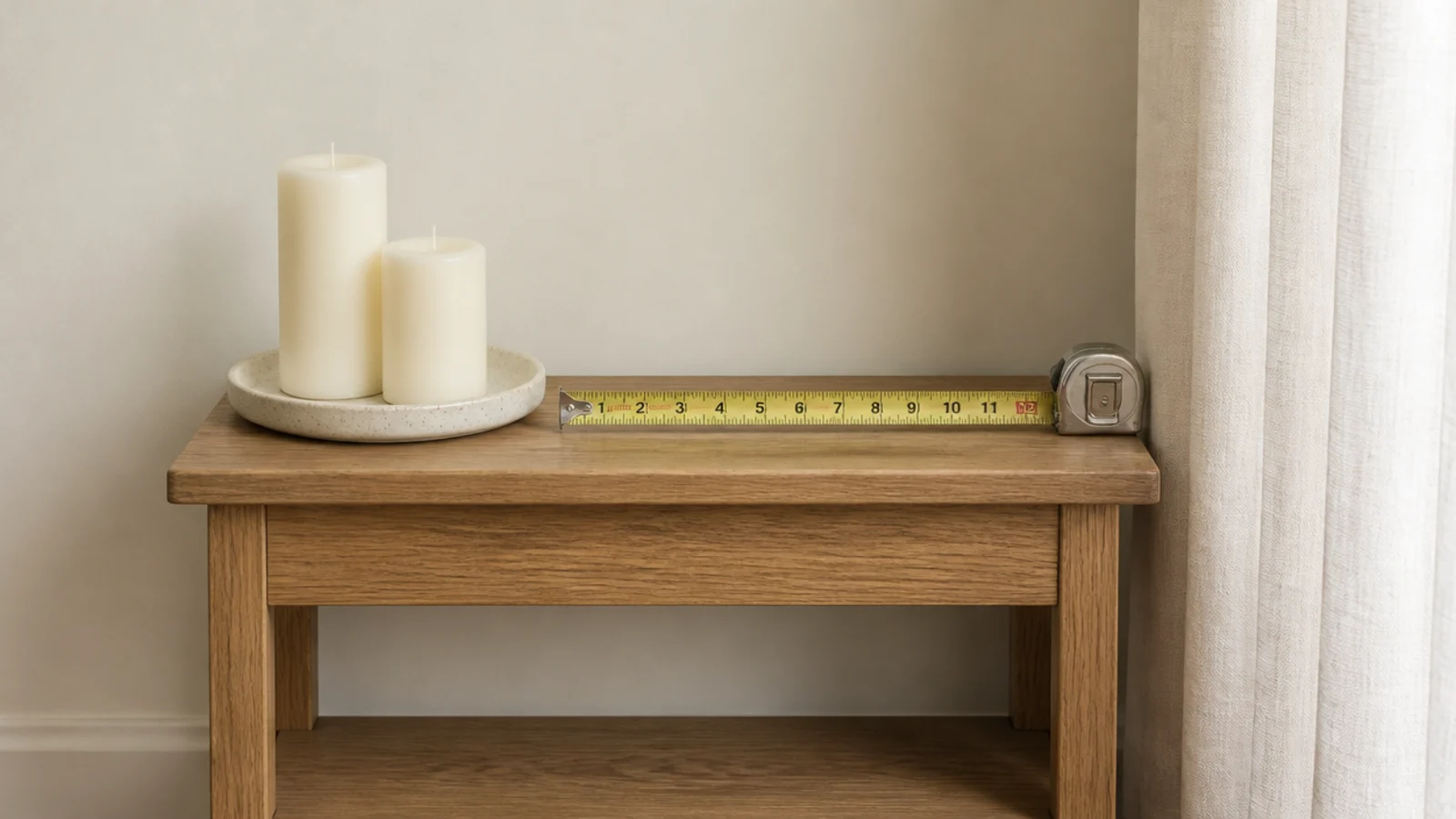 tape measure checking clearance around candles on a narrow side table