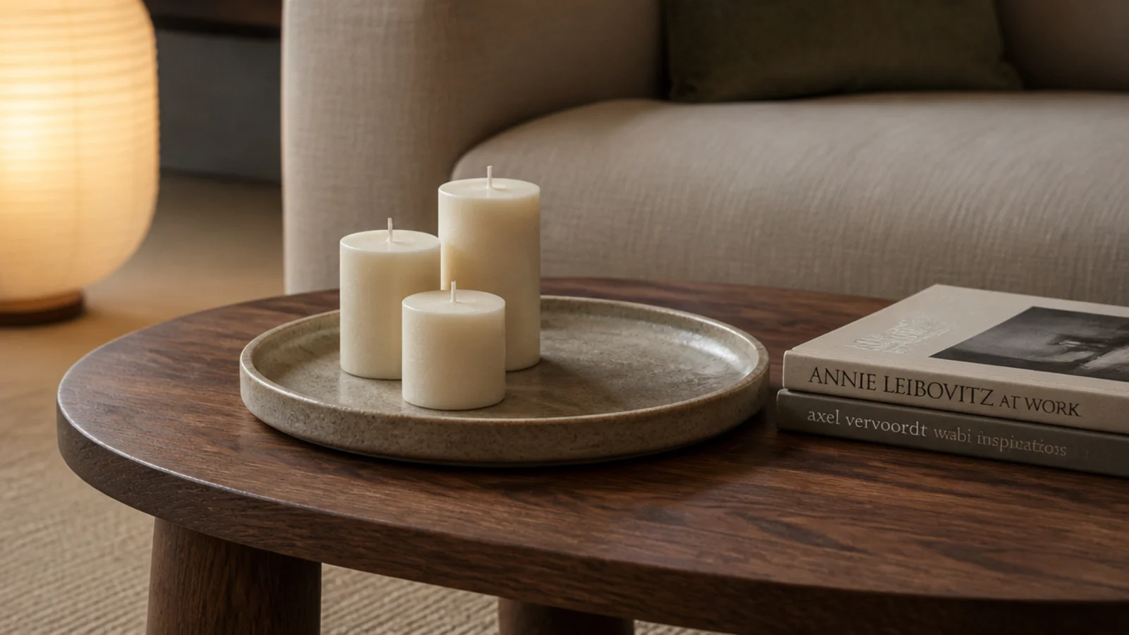 three candles at different heights on a lipped tray on a coffee table