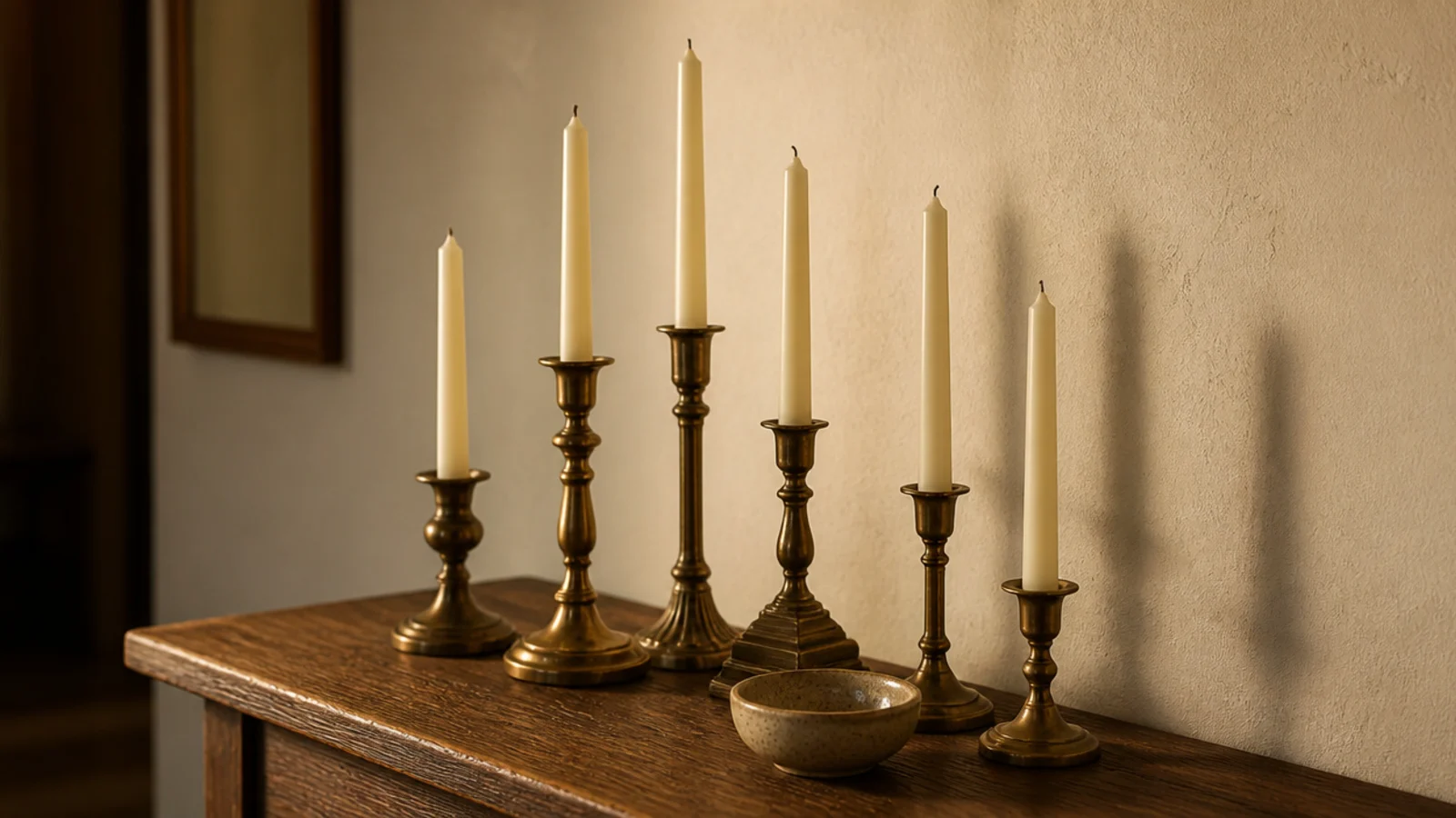 mismatched thrifted brass candlesticks holding ivory tapers on a console