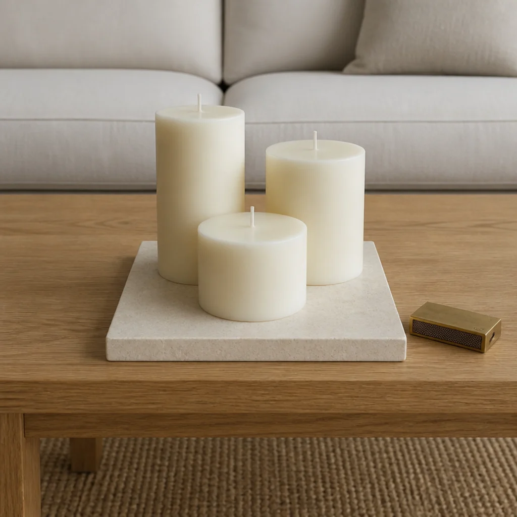 candles standing on a square stone tile offcut used as a heatproof base