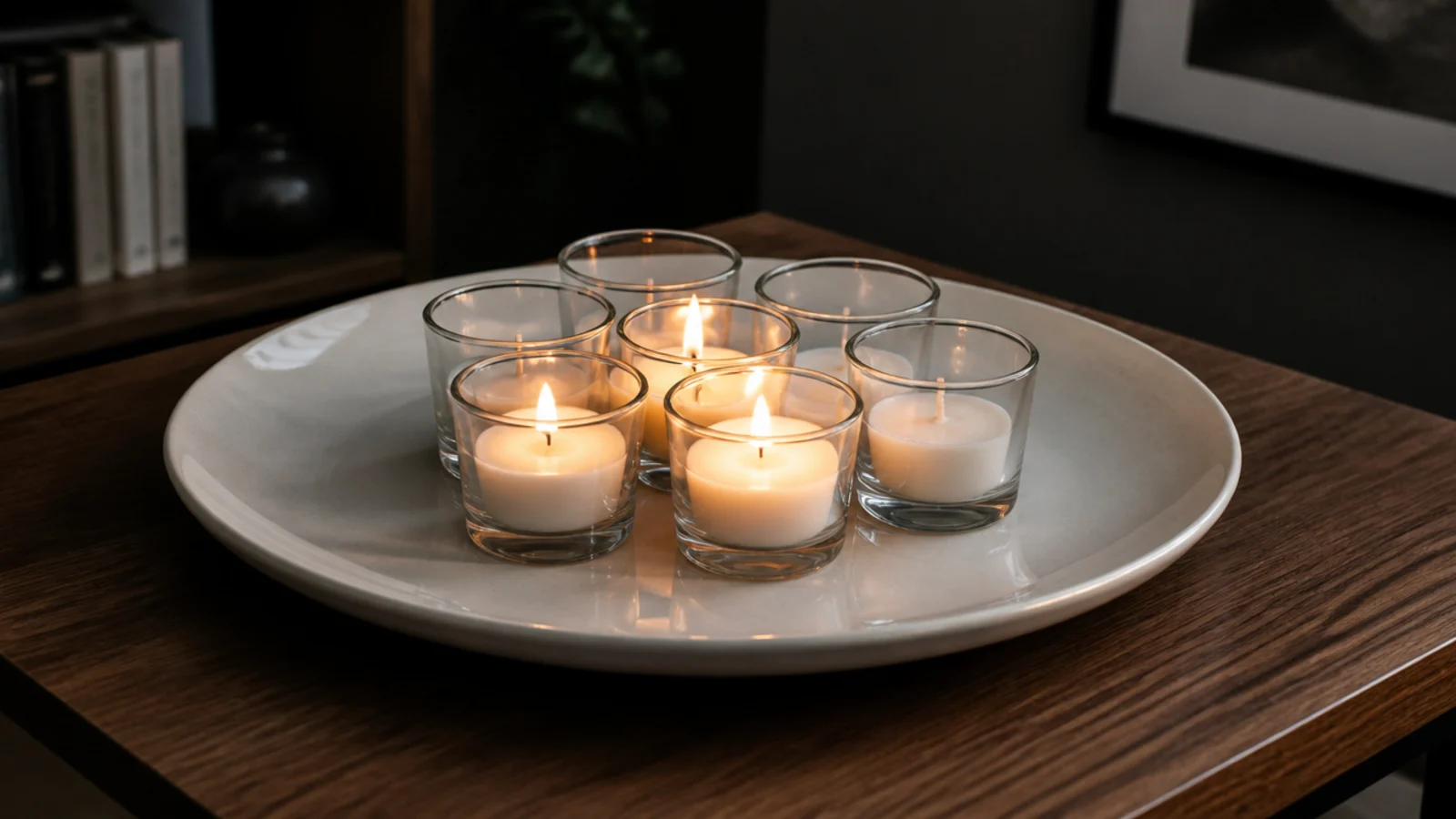 seven small glass votives clustered on a wide ceramic dinner plate