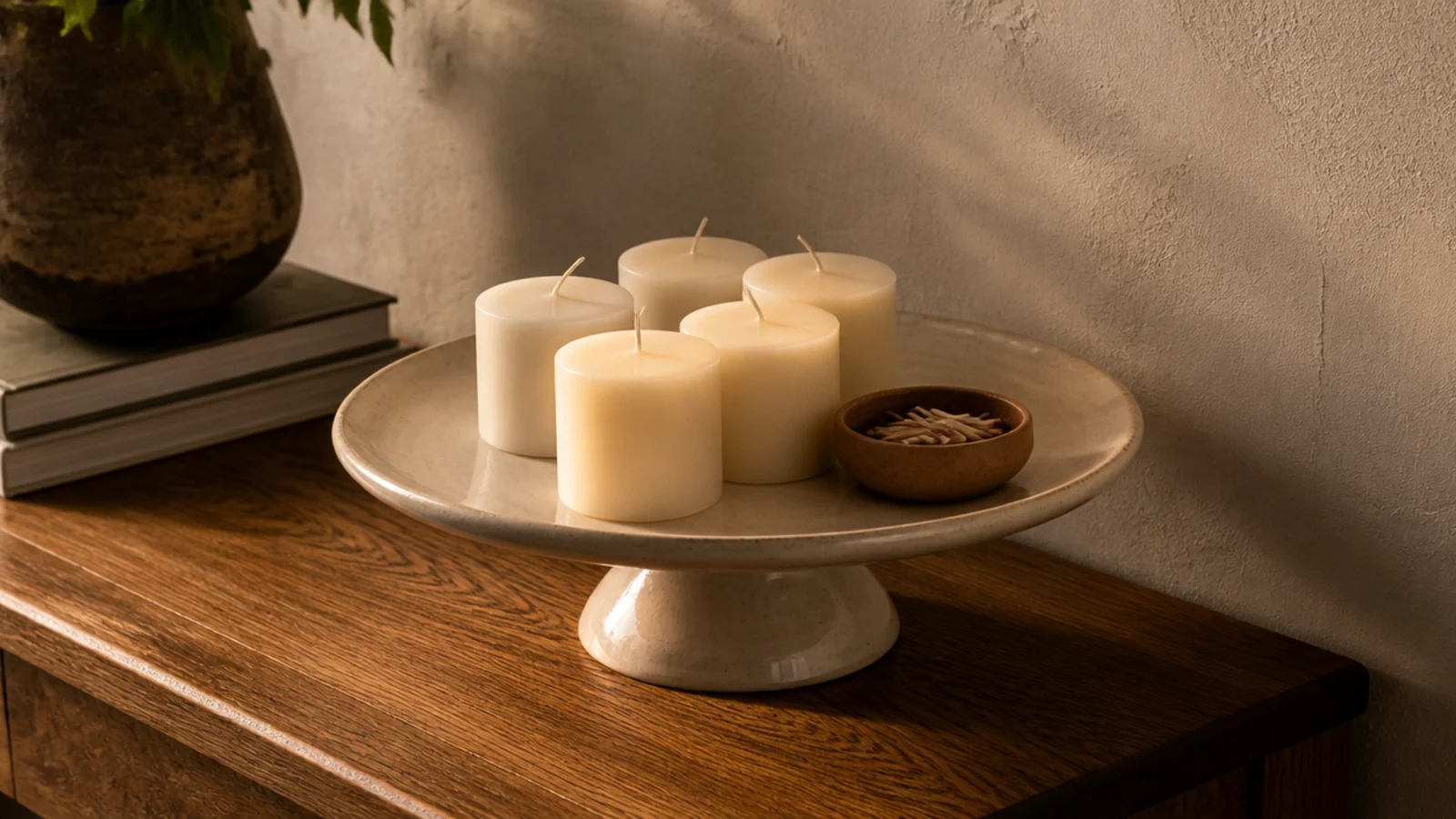 ceramic cake stand holding a raised cluster of small pillar candles