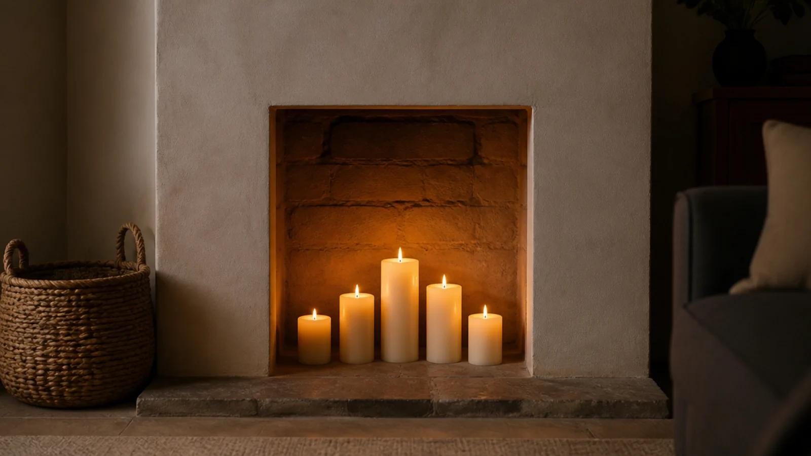 pillar candles arranged on the stone hearth inside an unused fireplace