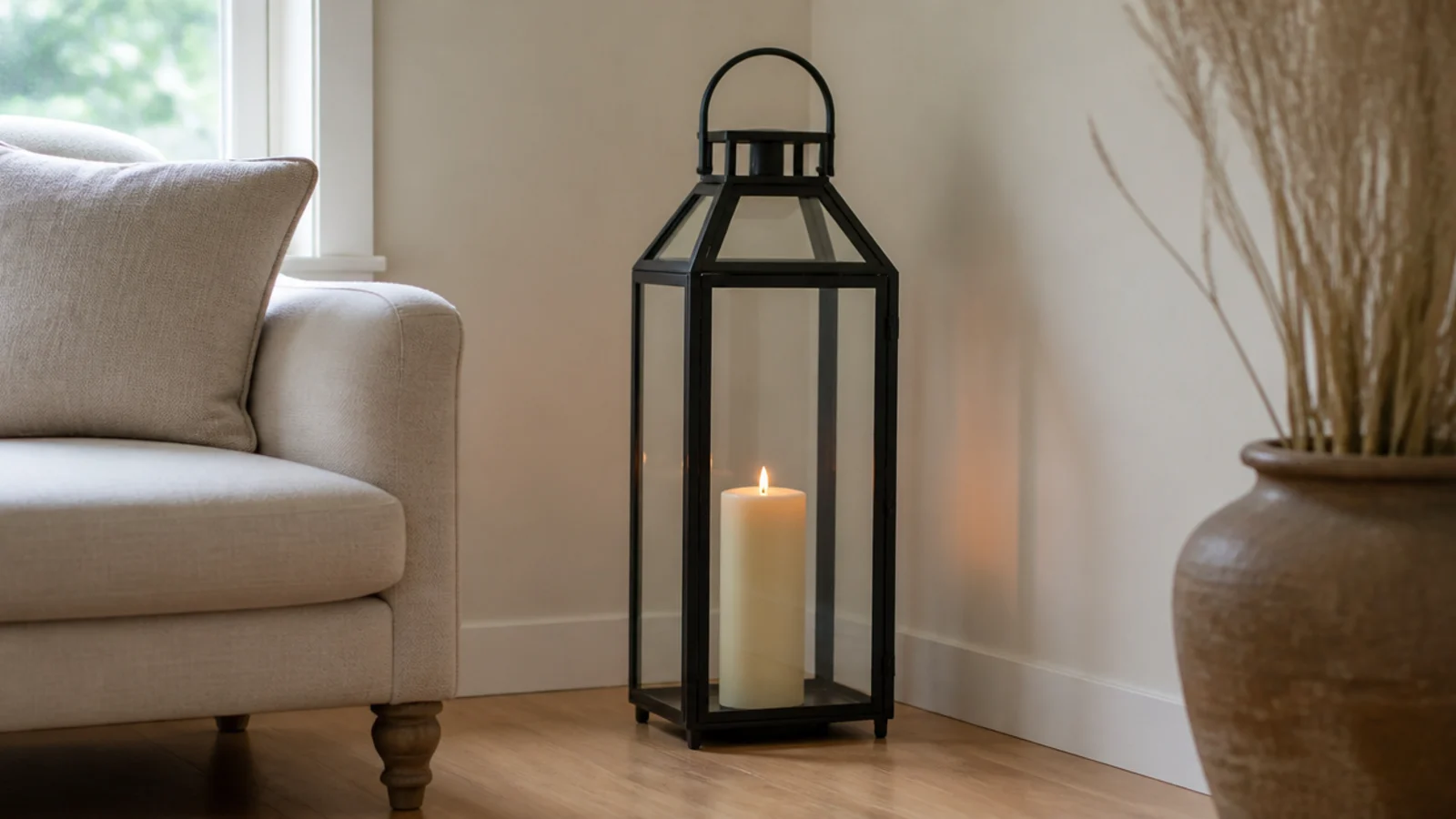 black metal floor lantern glowing in a small living room corner