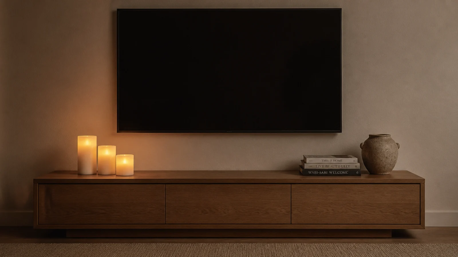 flameless wax pillars glowing on a low console beneath a wall screen