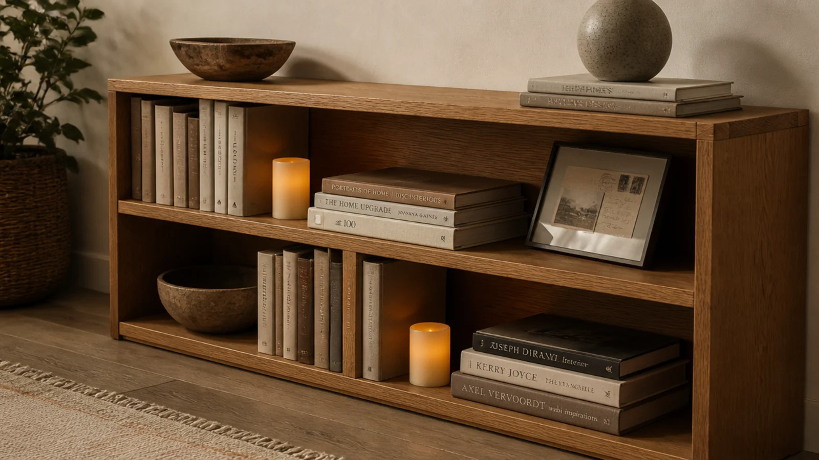 small flameless candles glowing between book stacks on a low shelf