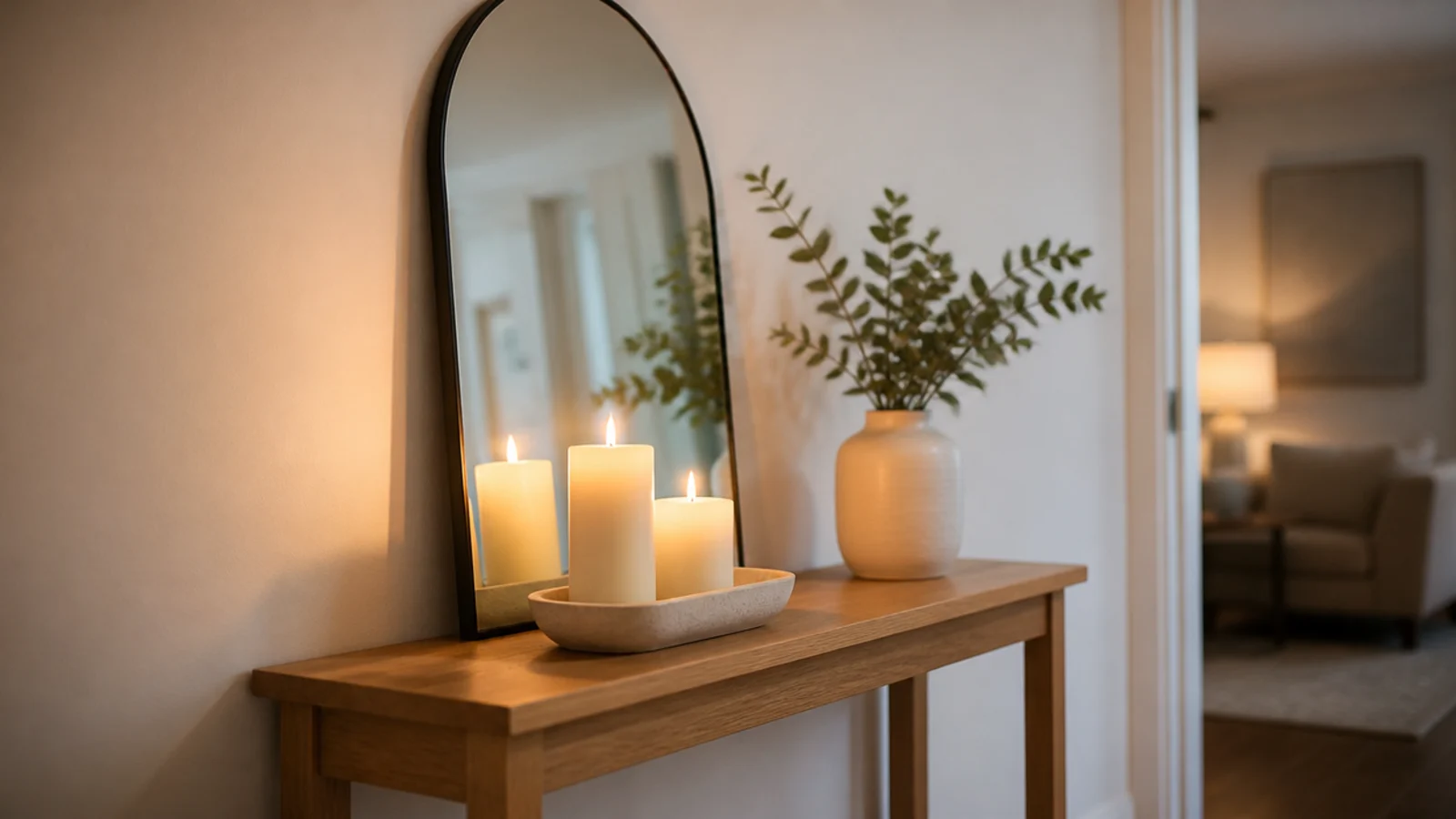 candle grouping reflected in a leaning mirror on a narrow console