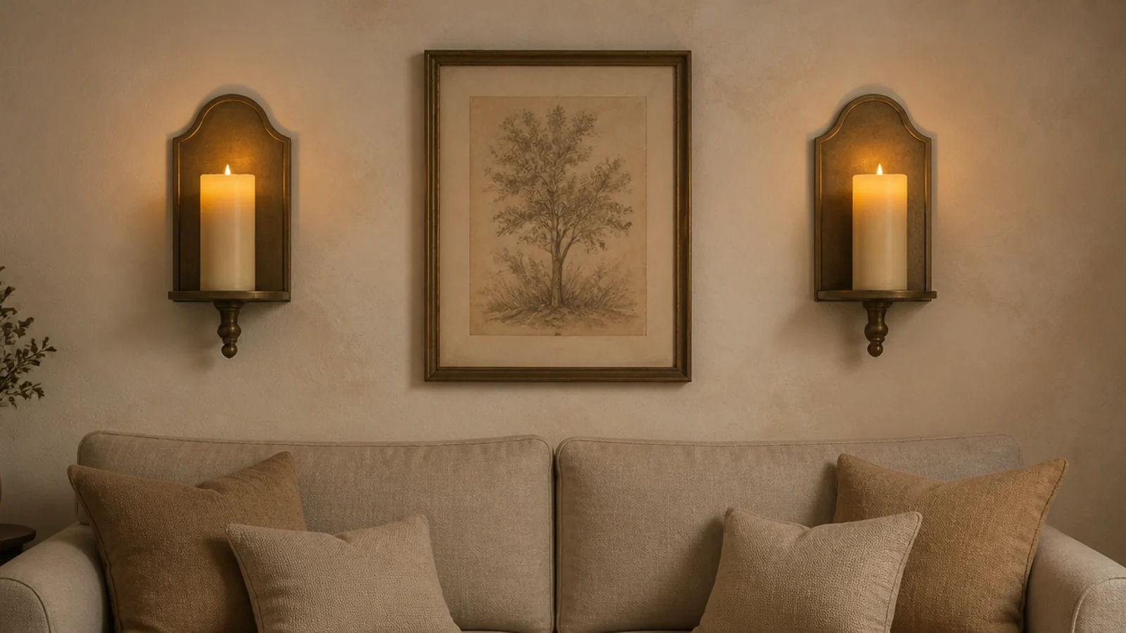 two brass wall sconces holding flameless pillar candles above a sofa