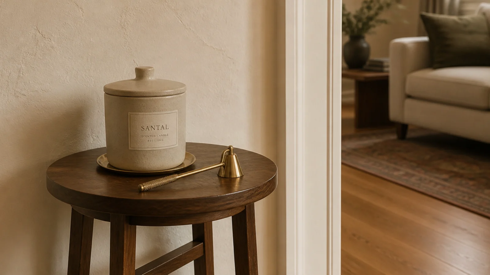 single scented jar candle glowing on a small table by a living room door