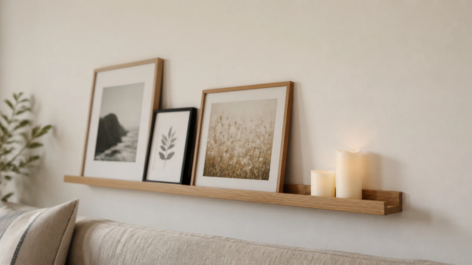candles standing on the top edge of a narrow picture ledge shelf