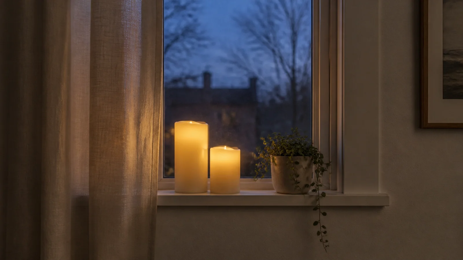 flameless candles on a small living room windowsill near linen curtains