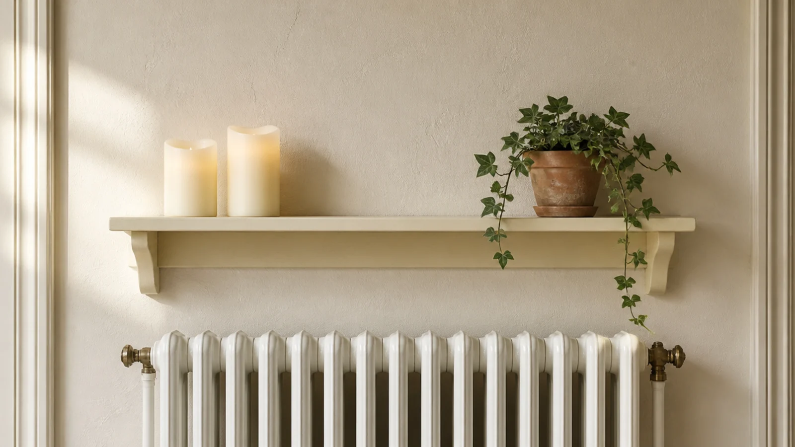 flameless candles on a painted shelf above a small column radiator