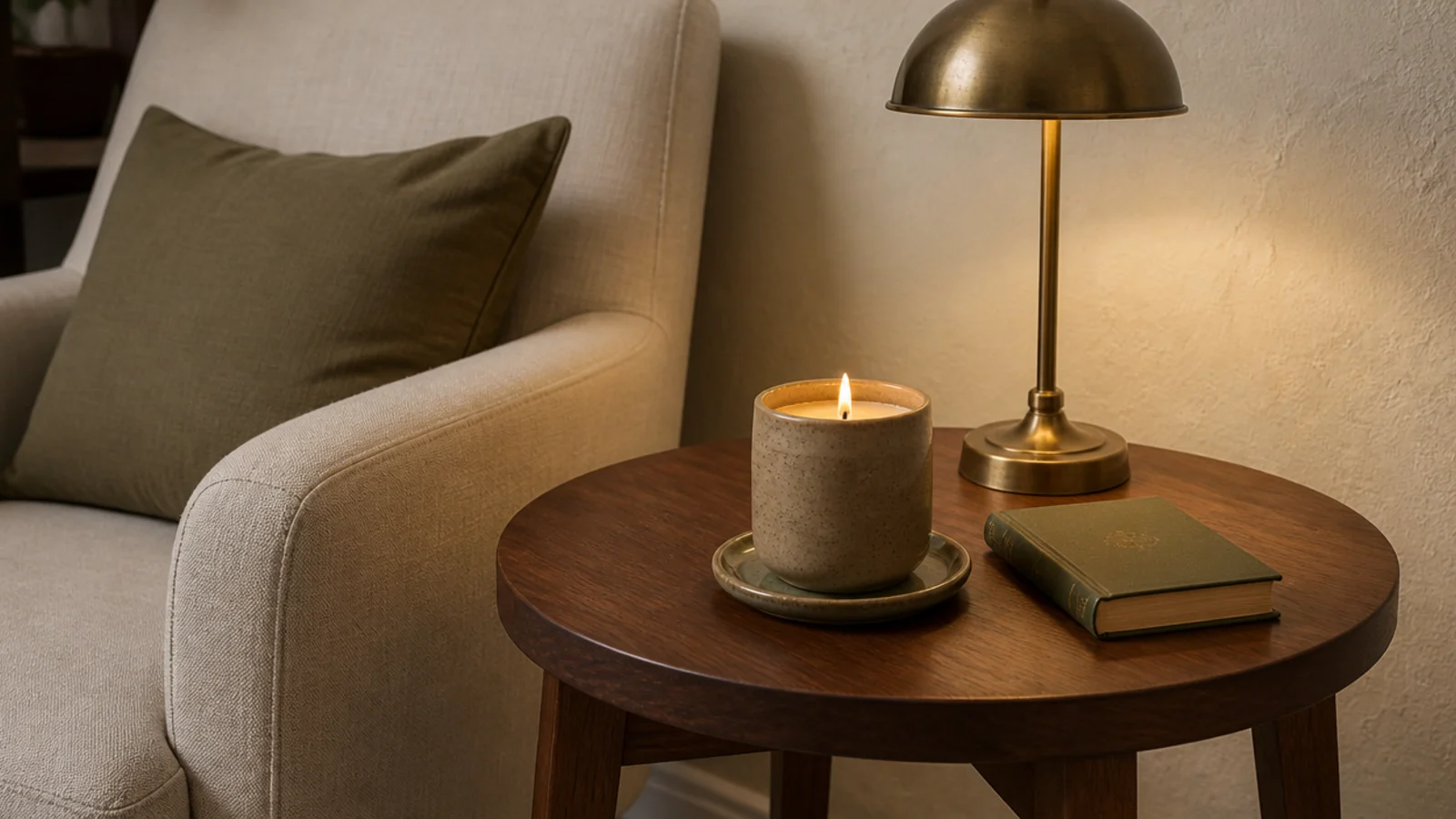 single jar candle on a ceramic coaster beside a lamp and book