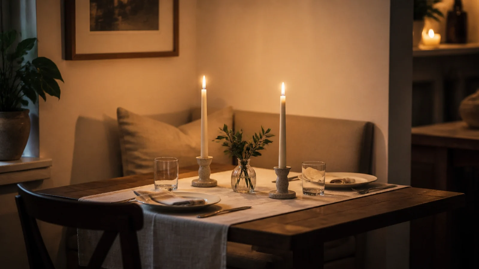 two unscented tapers in stoneware holders on a small dining nook table