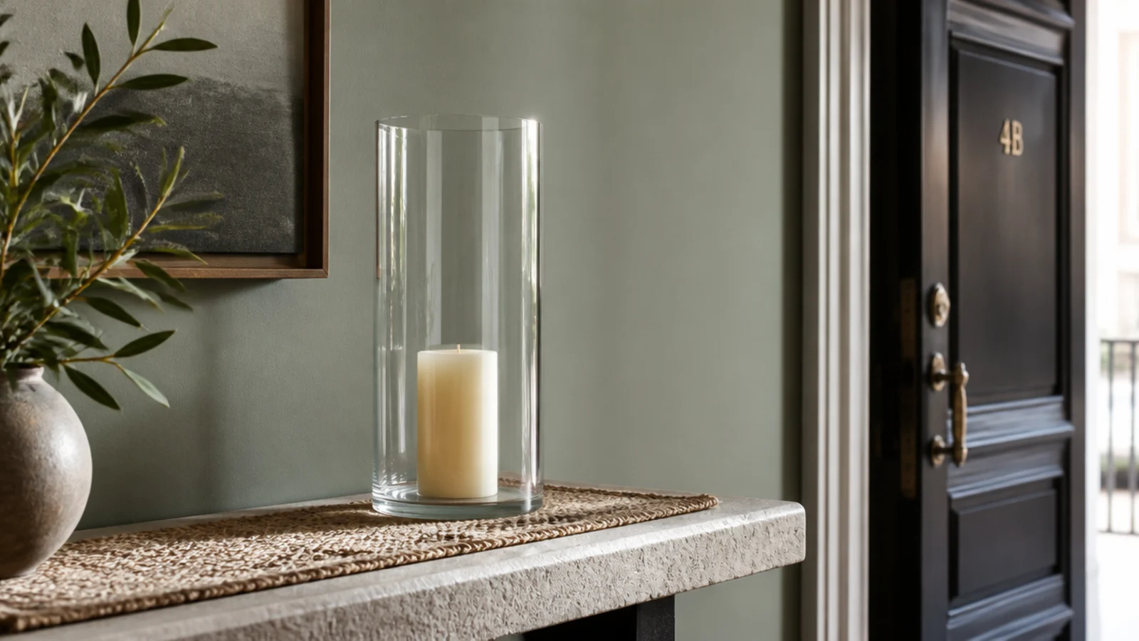 tall hurricane glass sheltering a candle beside a small apartment door