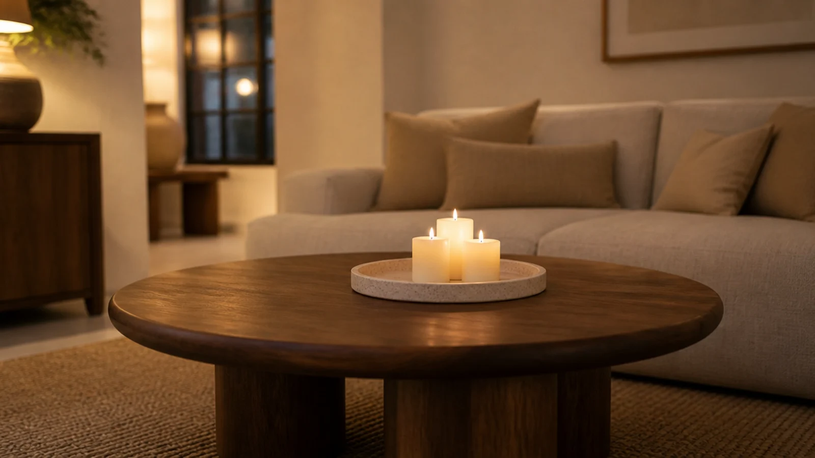 small living room candle grouping glowing on a stone tray beside linen sofa