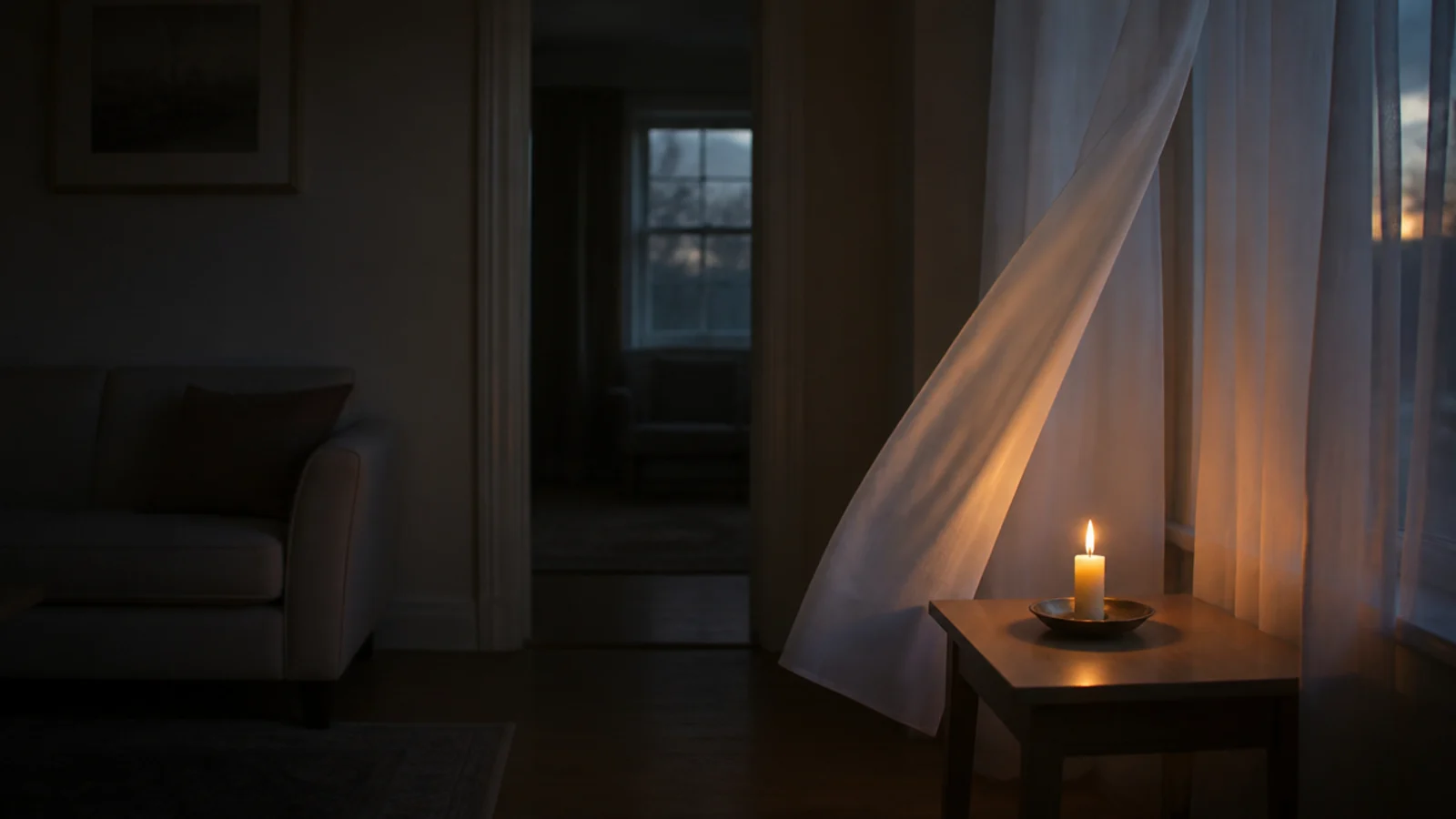 lit candle burning alone in an empty room beside a moving linen curtain