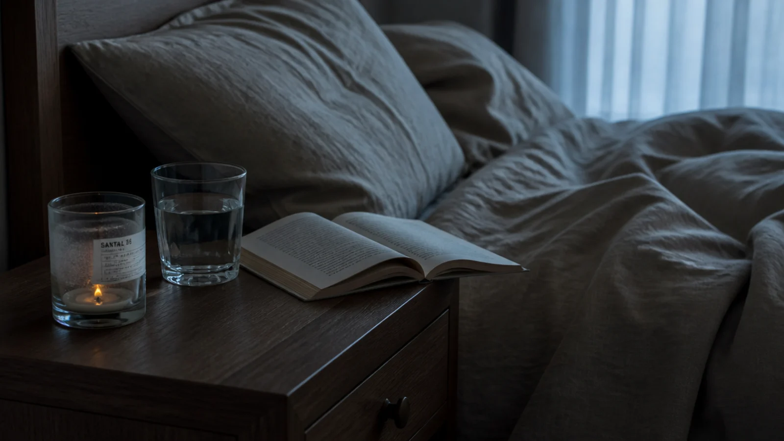 nightstand candle burning low beside a book and rumpled linen bedding
